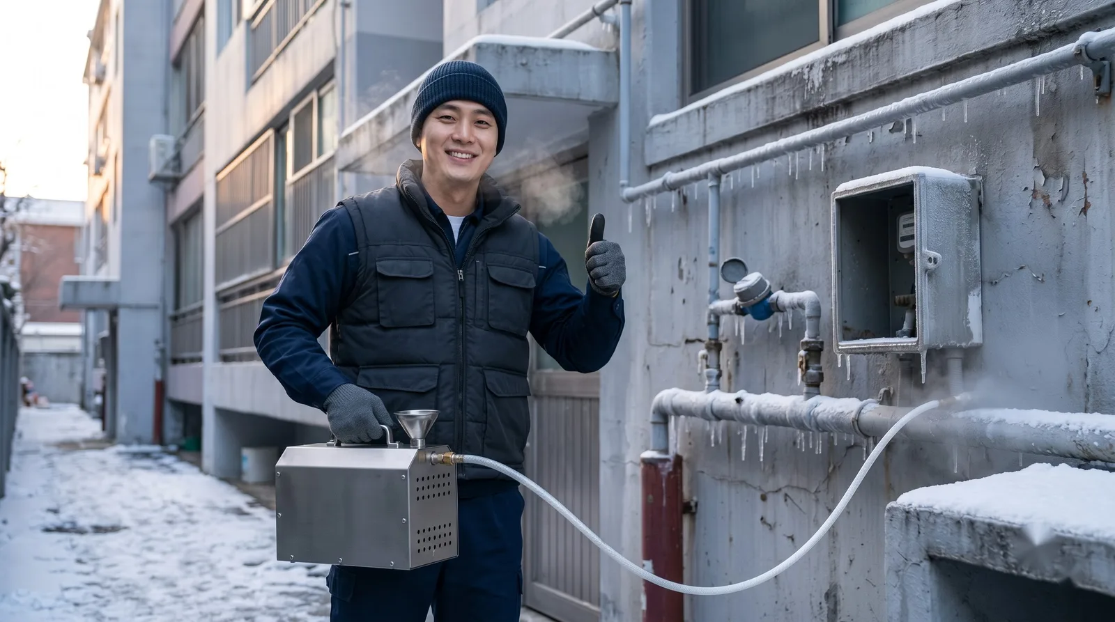 인천 수도 동파 해빙 작업복 기술자와 스팀해빙기